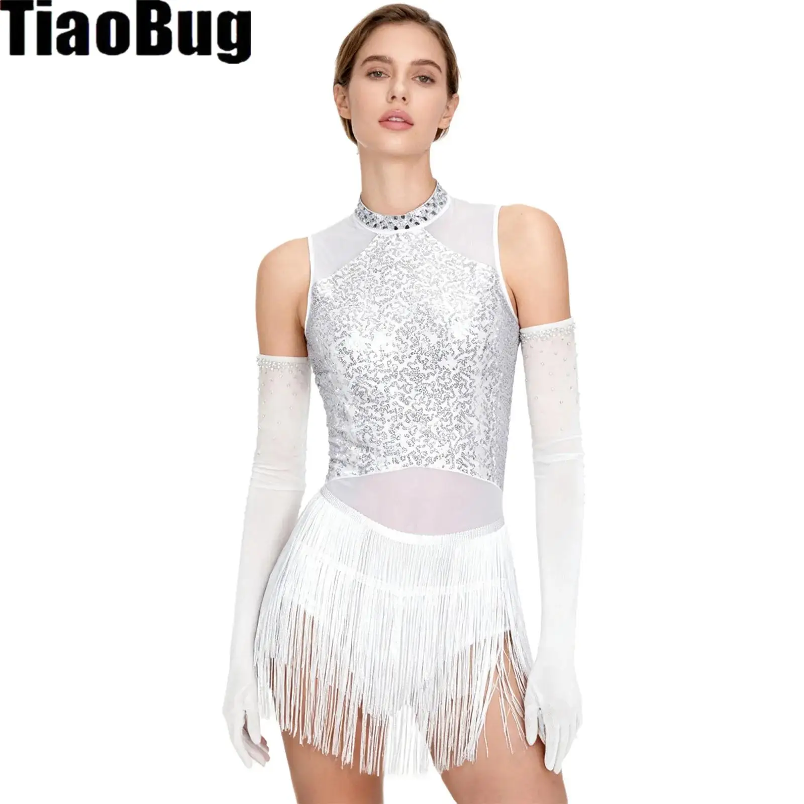 

Womens Fringe Sequin Dance Dress with 1 Pair Gloves for Latin Tango Rumba Cha-Cha Samba Glittery Rhinestone Collar Mesh Dress