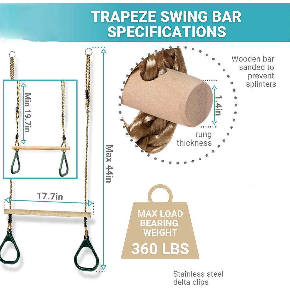 Trapezio in legno con anelli da palestra in plastica parco giochi al coperto all'aperto 2 in 1 Set altalena accessori per bambini