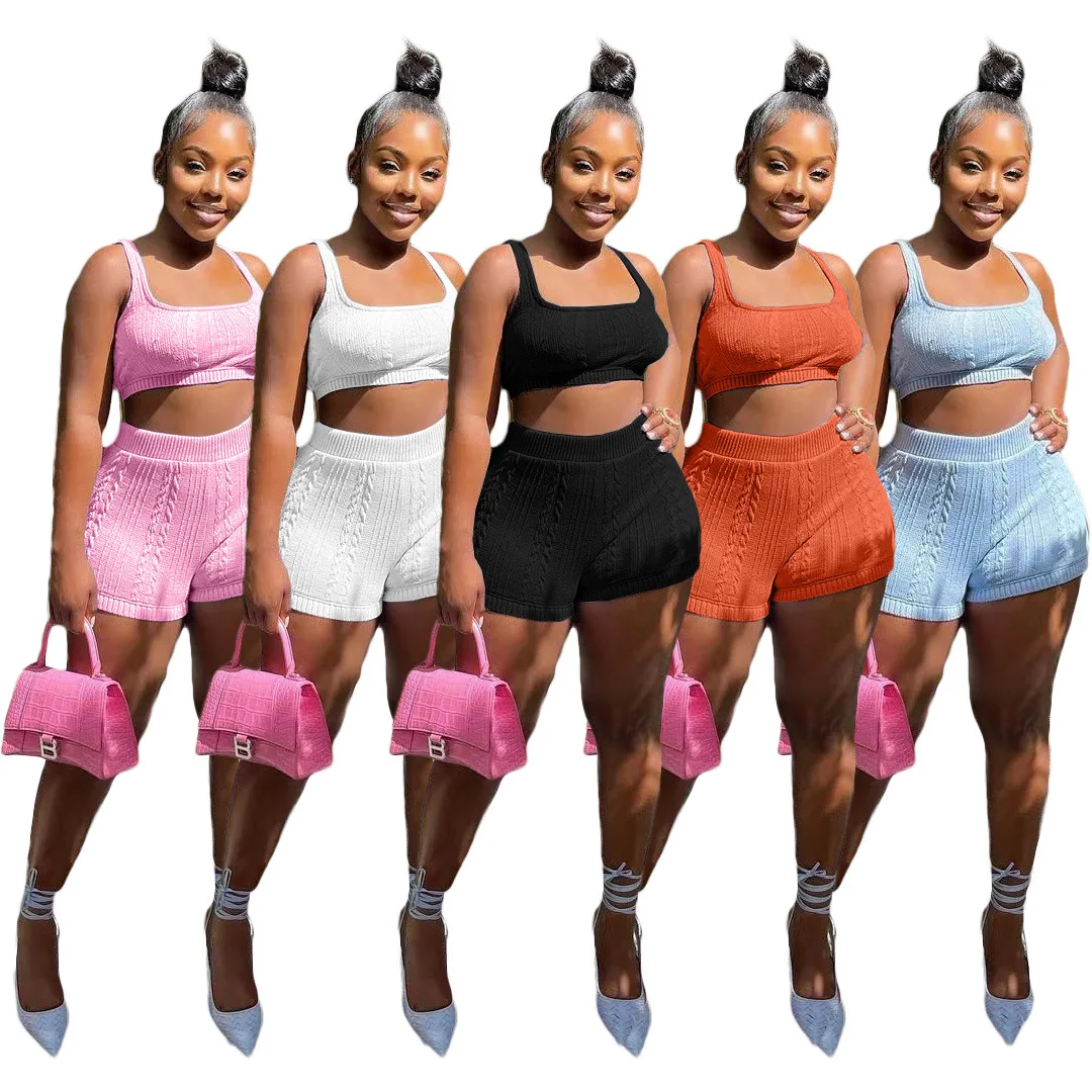 

Summer Knitted Tracksuits Two Piece Set Women Sleeveless Vest Shorts Outfits Casual Y2k Bulk Items Wholesale Lots