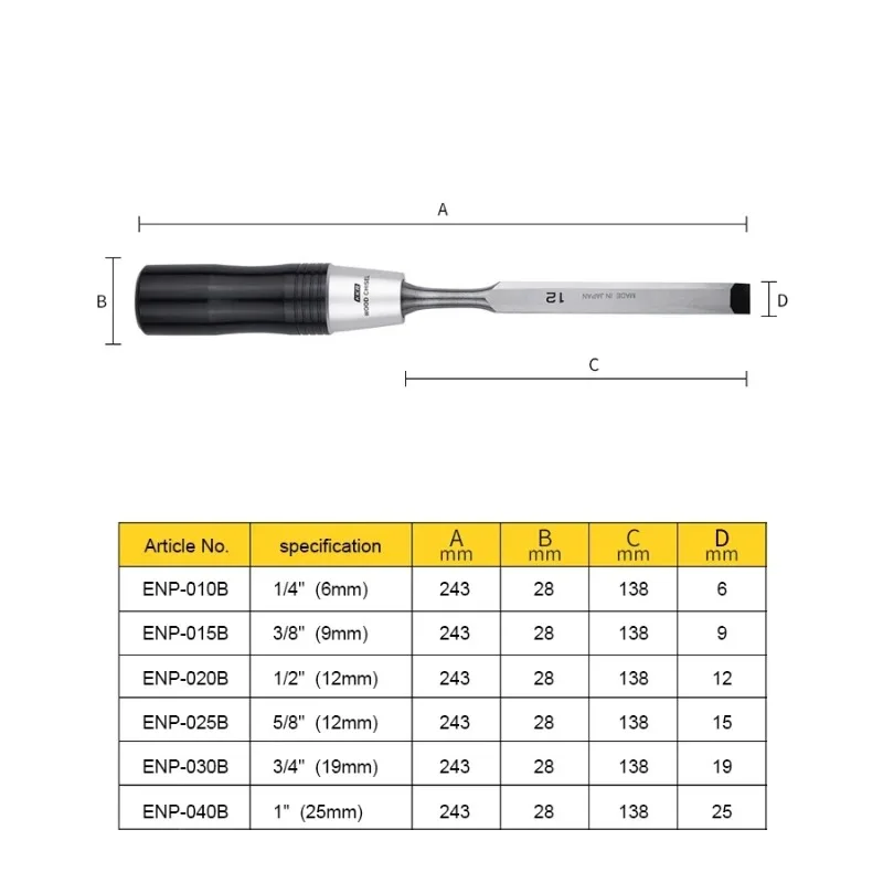 Japan KAKURI ENP-6S Extended Wood Chisel Set - 6 Pcs with Storage Case, Flat Chisels for Woodworkers