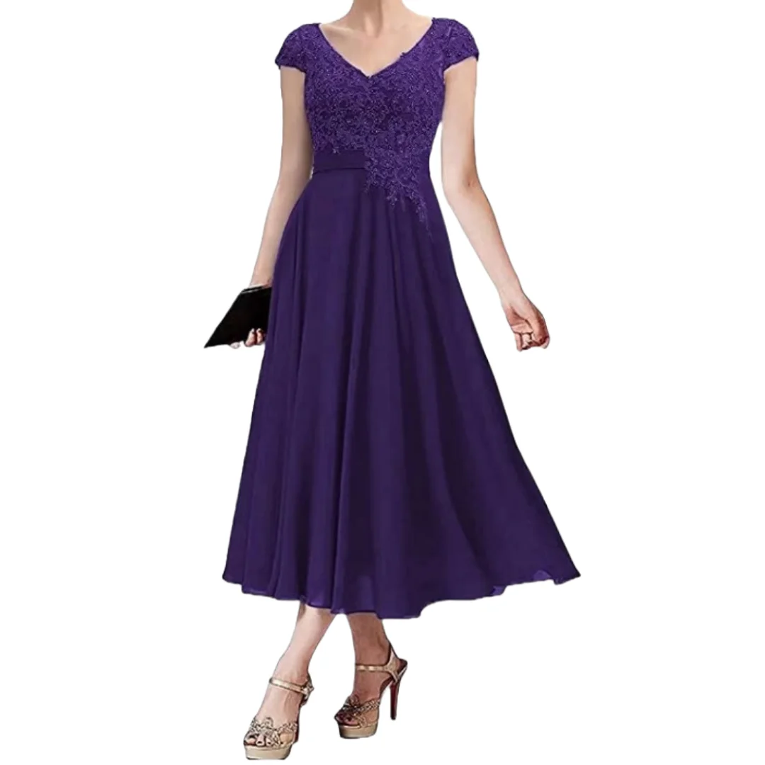 Customized Formal Mother Of Bride Or Groom Dress Plus Size Lace Chiffon Dark Purple Short Cap Sleeves A-Line Wedding Party Gowns