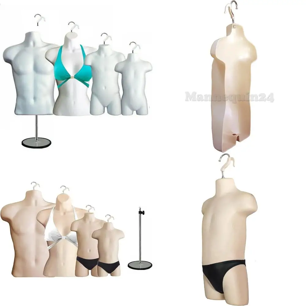 

Hanging Mannequin Set for Male, Female, Child, and Toddler with Metal Stands - Display Town White 4 Mannequin Forms Hollow Back
