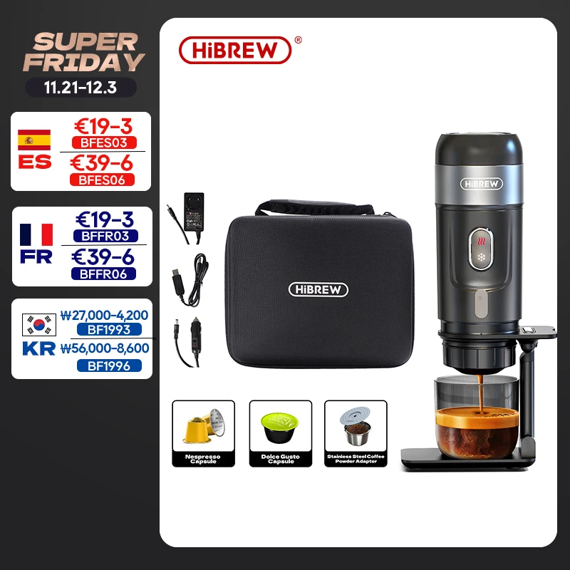 HiBREW Portable Coffee Machine for Car & Home,DC12V  Expresso Coffee Maker Fit Nexpresso Dolce  Pod Capsule  Coffee Powder H4A