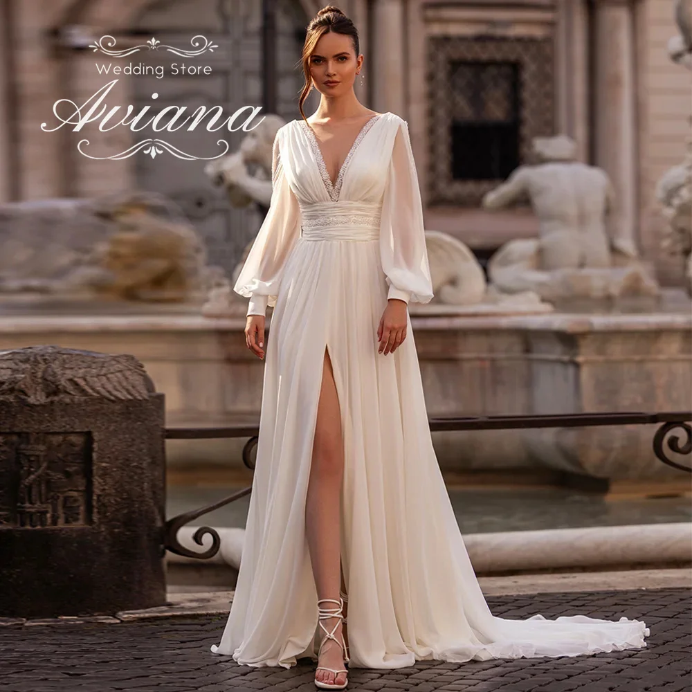 

Aviana Crustomized Deep V-Neck High Side Split A-Line Wedding Dress Peal Sequin Beading Classic Full Sleeve Sweep Train Elegant