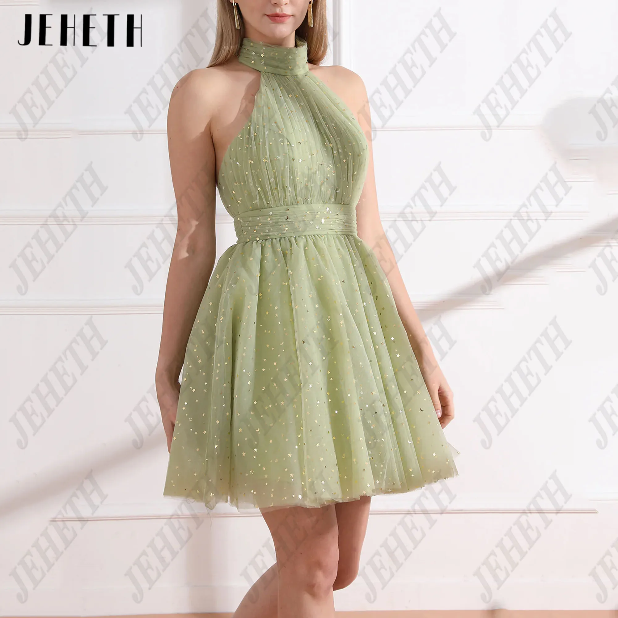 

JEHETH Graduation Dresses Backless Mini Sleeveless Halter Vestido De Graduacion Elegantes 2024 Green Sparkling Above Knee