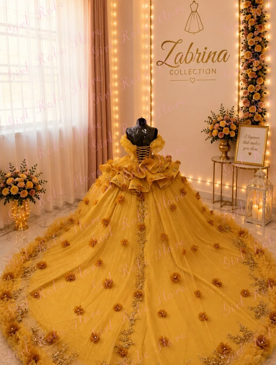 Gorgeous Yellow Flower Girl Dress Layered 3D Floral Appliques Elegant Princess Birthday Pageant Quinceanera Ball Gown Customized