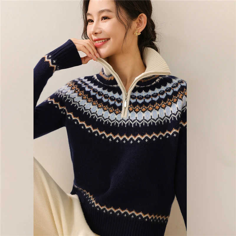 

Knitted Sweater 100% Australian Wool Pullover 25 Autumn/Winter New Nordic style Christmas retro Jacquard Thick Long sleeved Top