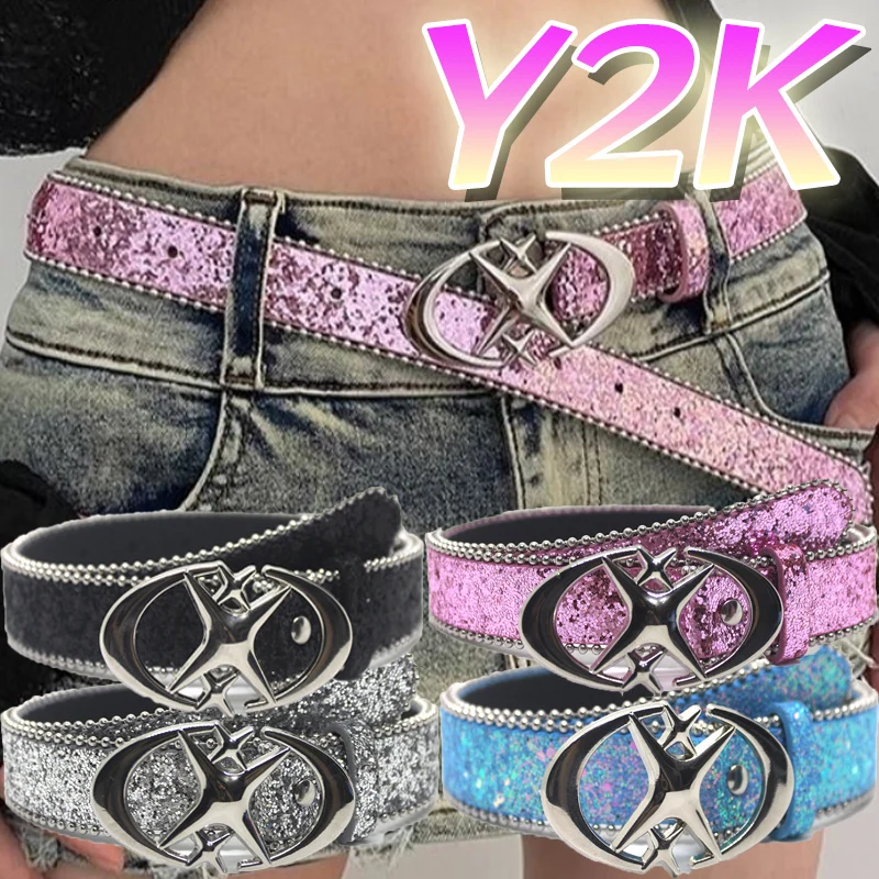 Y2k-Cinturón Punk con lentejuelas para mujer, cinturón con hebilla de estrella, diseño cruzado de Metal, gótico Vintage, ajustable, de cuero Pu, pantalones, decoración de cinturón