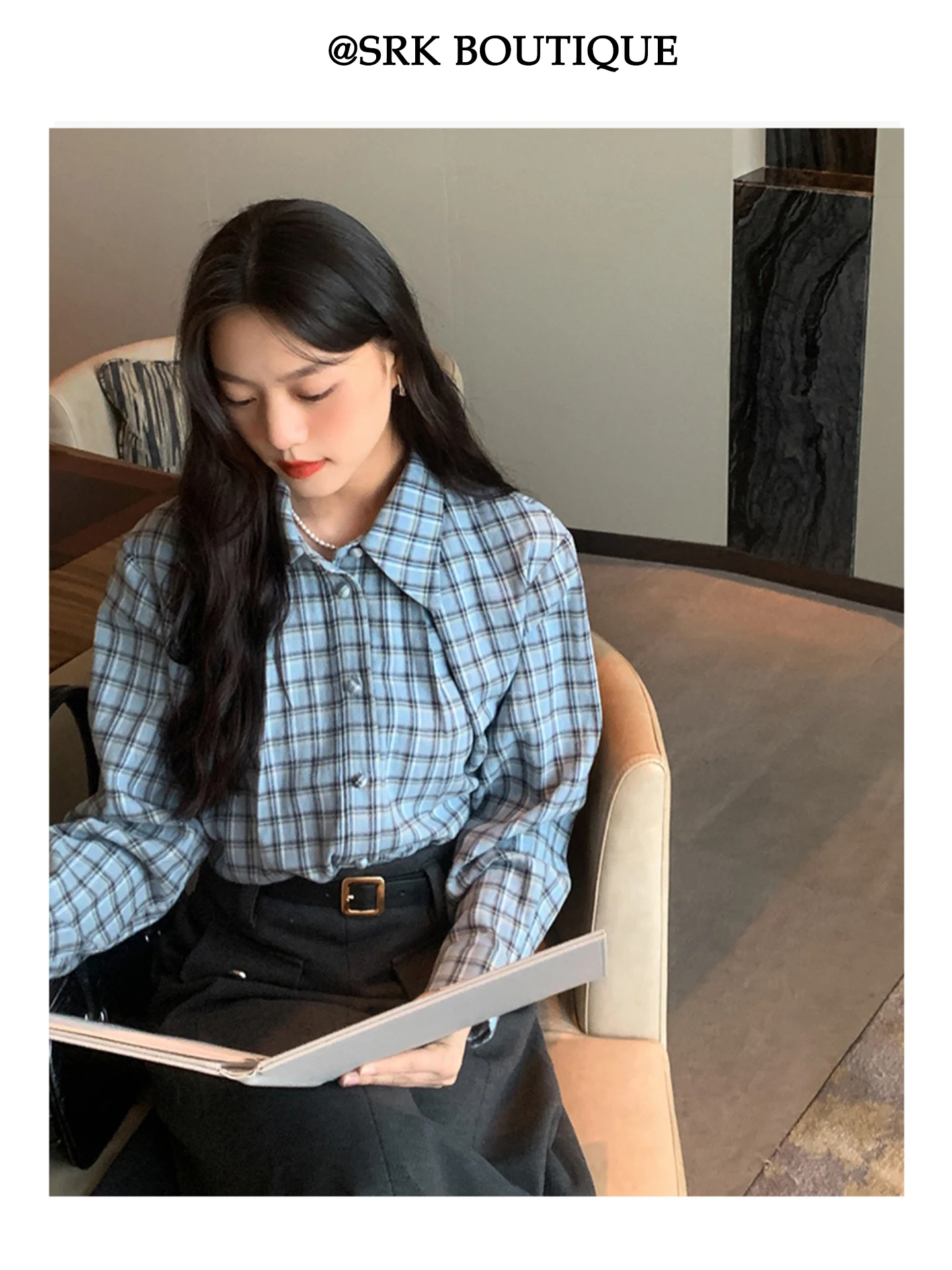 

Синяя женская одежда в клетку из чистого хлопка Long Sve 2025, новинка маленького размера, высококачественная корейская версия SRK, свободная посадка для поездок на работу irt