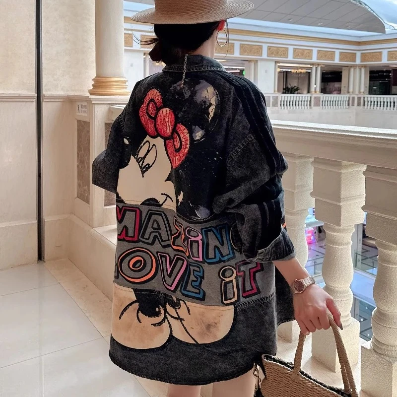 

Fall New Arrival Plus Size Women's High-End Streetwear Mickey Mouse Denim Shirt Jacket - Hong Kong Style Chic Layering Piece