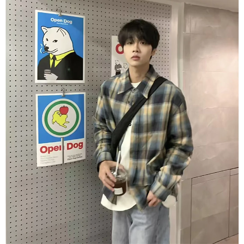 

Vintage Plaid Long Sve Men's irt Summer Youth Trendy Brand Sun Protection Outerwear Loose Fit Iron-Free Polyester Fiber