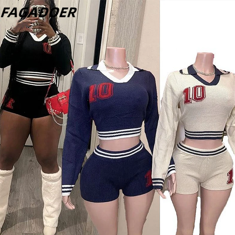 FAGADOER Autumn Knit 2 Piece Sets Outfit Preppy Style Lapel Stripe Patchwork Sweater and Shorts Set Quality Stretchy Knitwear