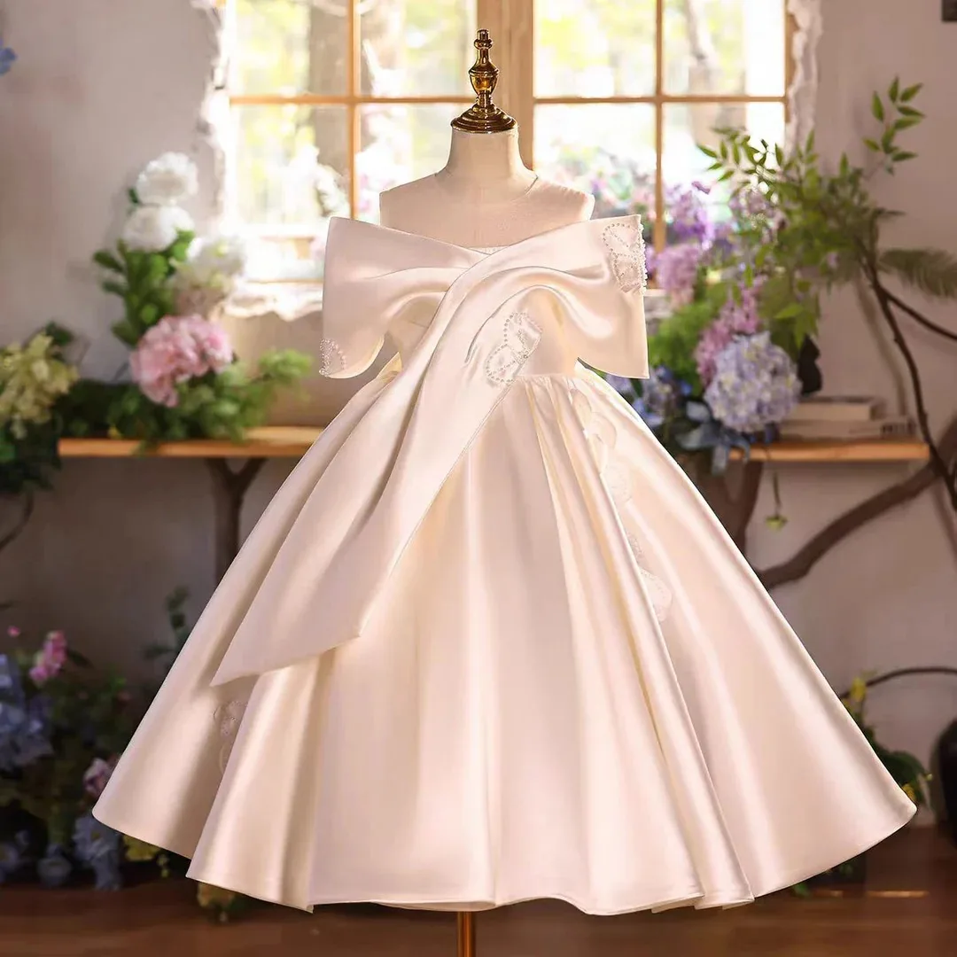 

2026 Summer Elegant Ivory Satin Flower Girl Dress Off-Shoulder Big Butterfly A-Line Dress Girls Wedding Christening Dress