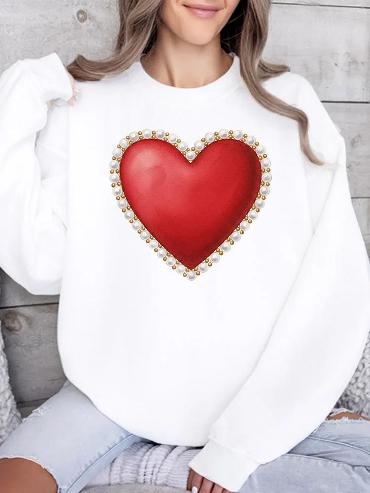 

Женский свитшот с круглым вырезом и жемчужной отделкой в виде сердца, повседневный пуловер с длинными рукавами, свободный крой, для ежедневной носки