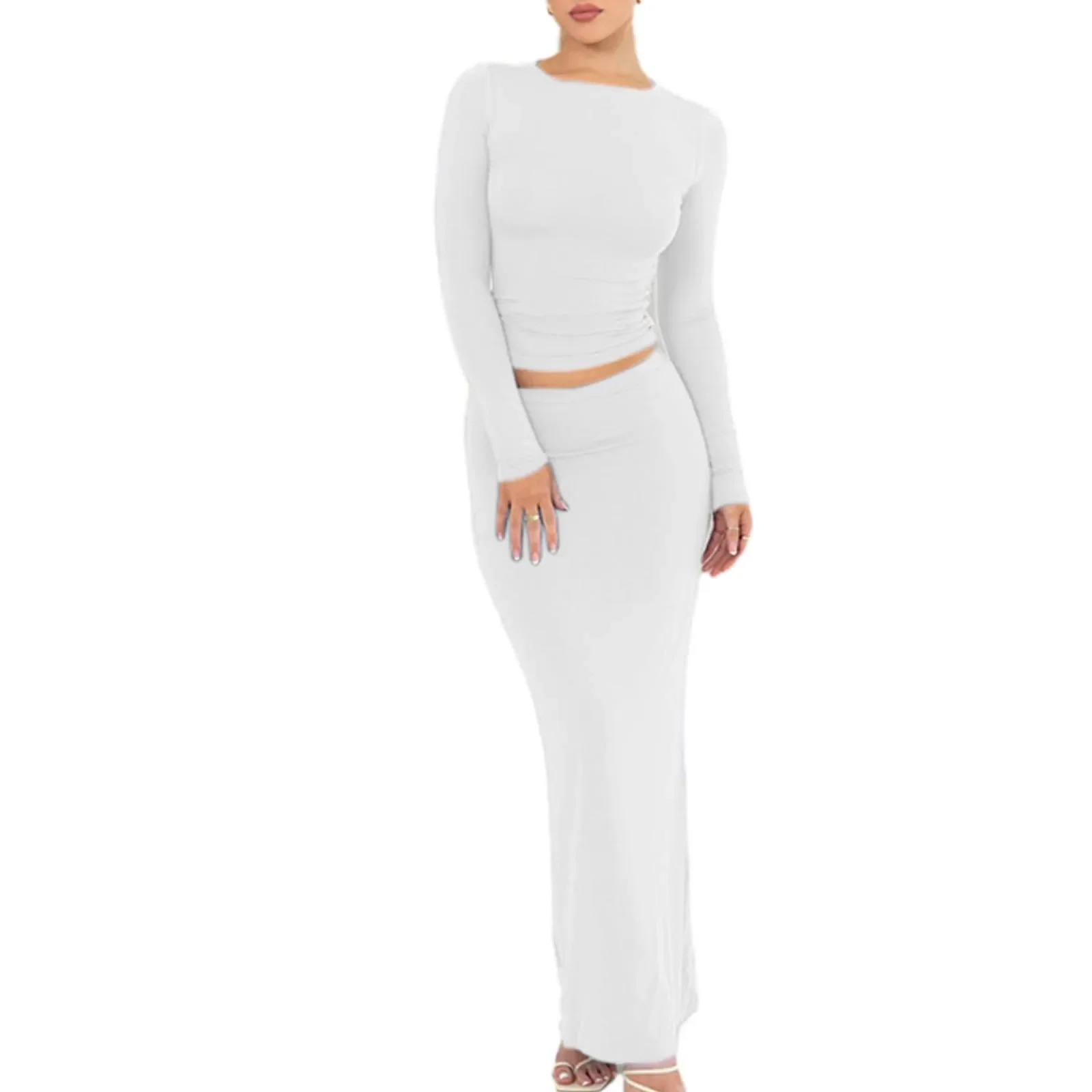 Women Sexy 2 Piece Maxi Skirt Set Long Sleeve T-Shirts Top Wrap Hip Long Skirt Y2K Clothes Set Streatwear