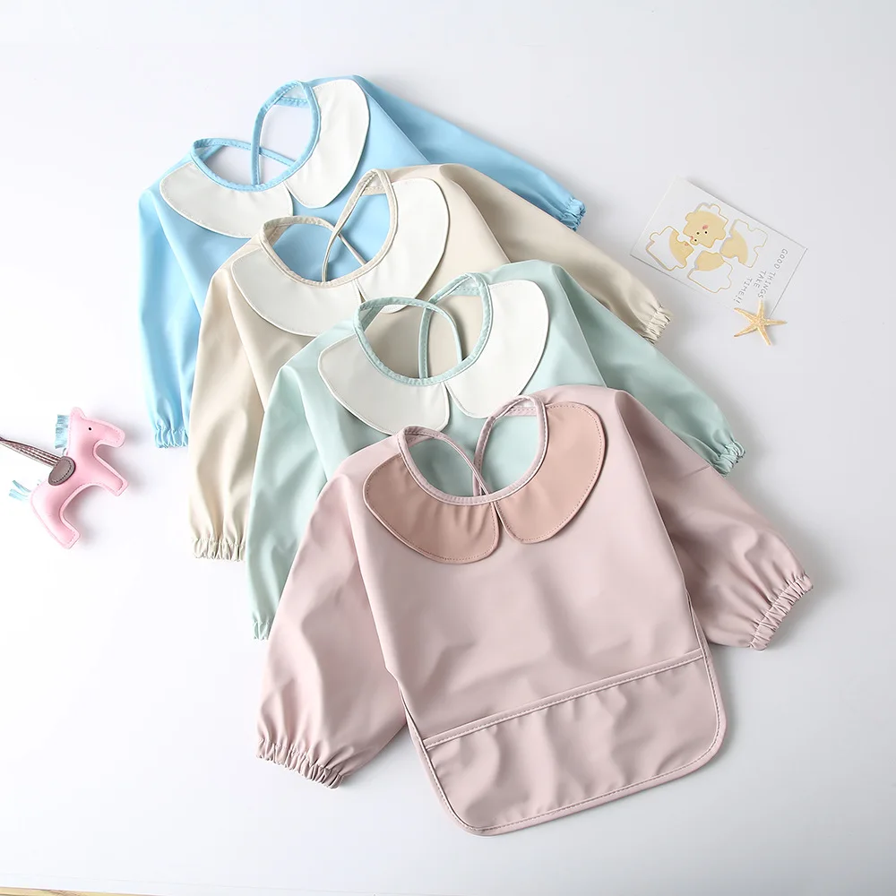 Easy Clean PU Full Sleeve Bib Baby Kids Solid Color Soft Faux Leather Children Apron Painting Meals Protection Waterproof Smock