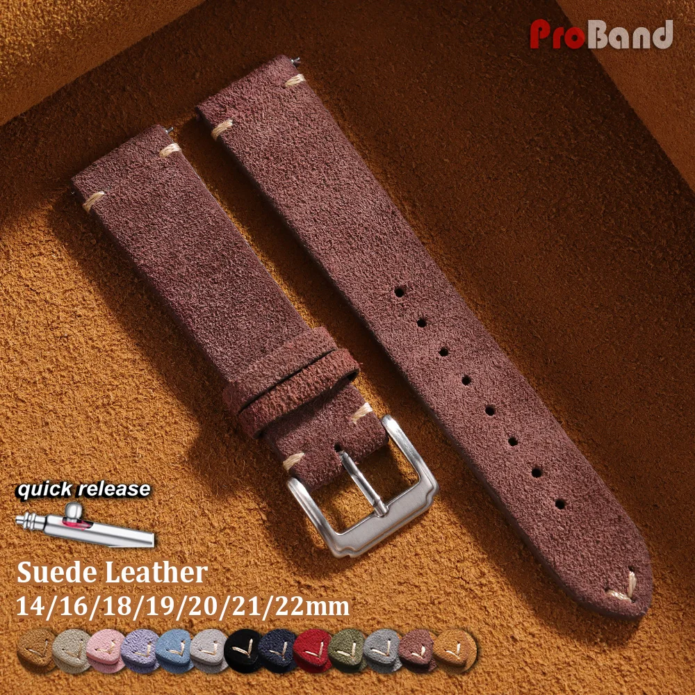 14/16/18/19/20/21/22mm Vintage Suede Leather Watch Strap Quick Release Pin Buckle Belt Calfskin Watchband Replacement Wrist Band