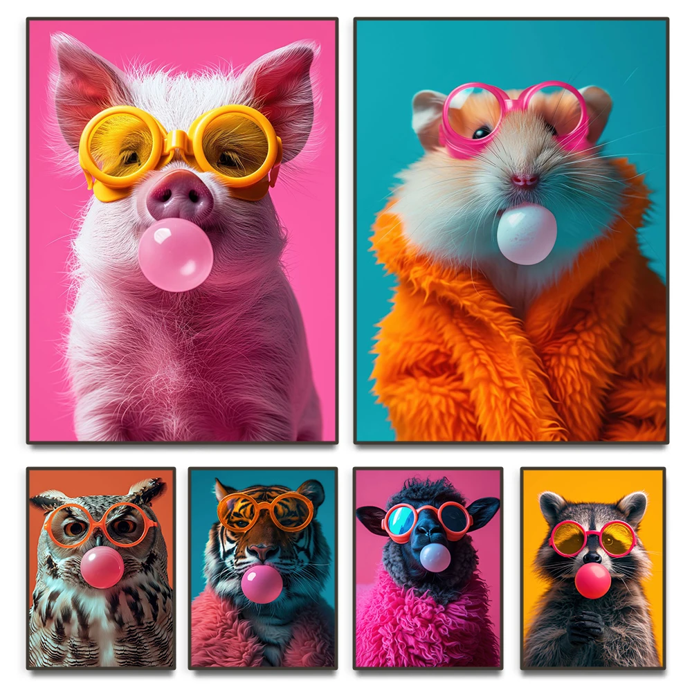2026 Funny Cute Animals Bubblegum Poster Raccoon Tiger Fox Llama Hamster Canvas Painting Wall Art for Living Room Home Decor