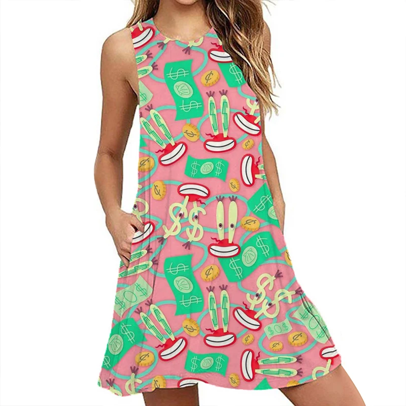 Abito casual allentato e confortevole 2024 estate nuovo stile abito da donna alla moda senza maniche SpongeBob 3D cartoon print dress