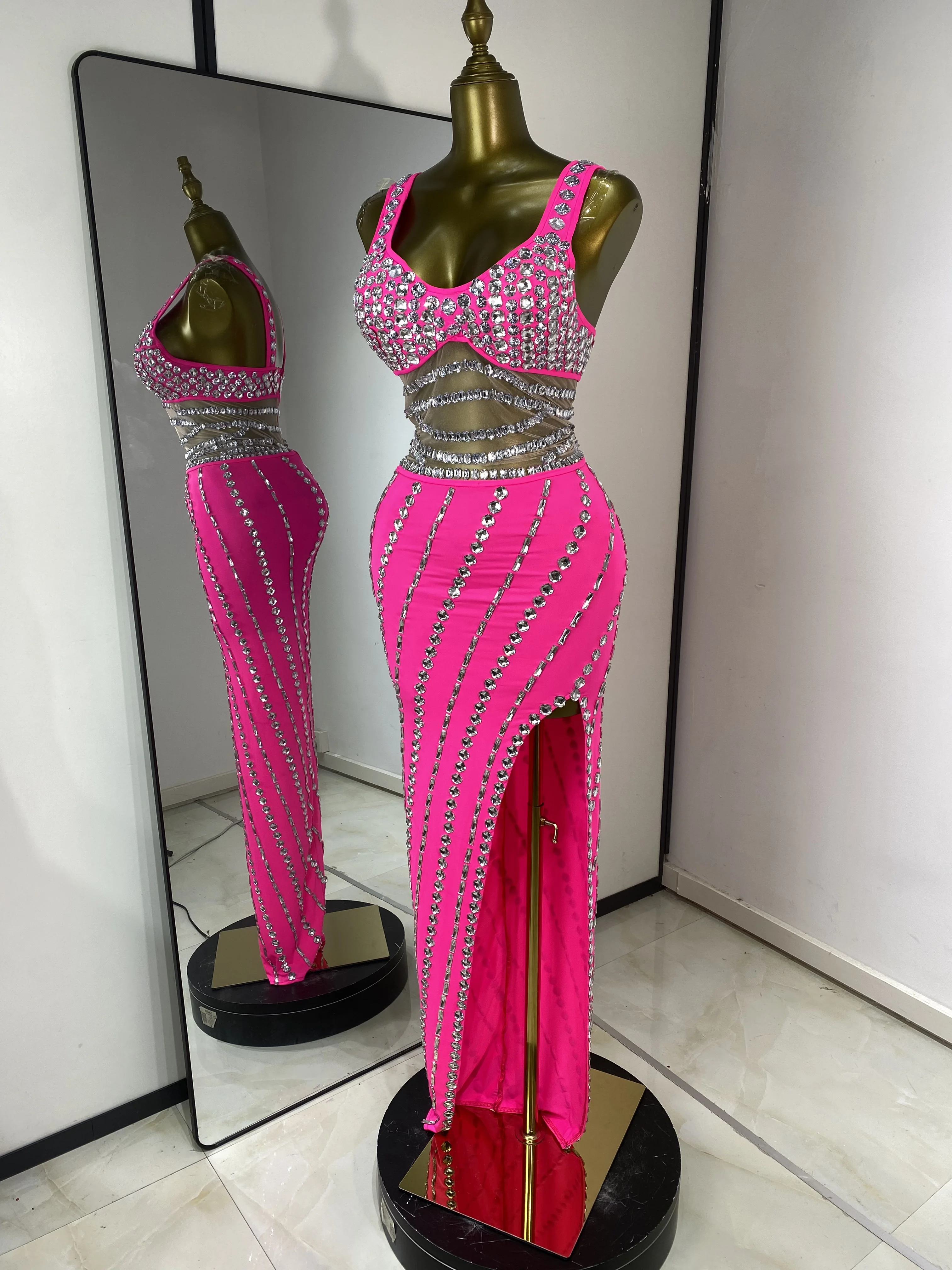 

Women Hot Pink Rhinestones Tulle Inset Open Leg Maxi Long Birthday Dress Luxury One Piece Celebrity Evening Club Party Gowns