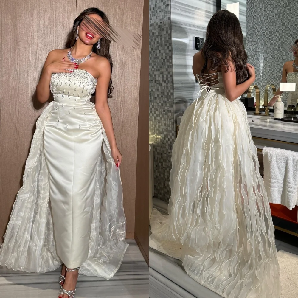 Personalizado intrincado plissado beading lantejoulas ruched em linha reta sem alças midi vestidos sob medida vestidos de ocasião alta qualidade casual