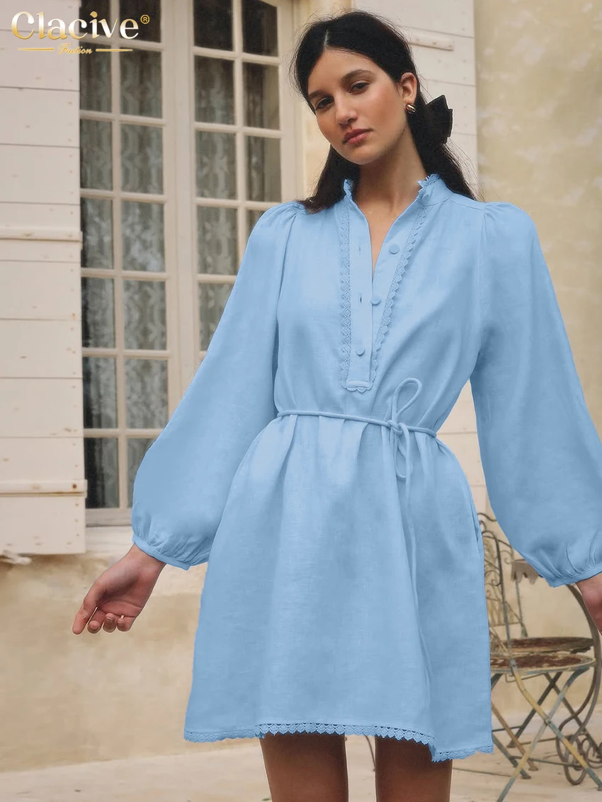 

Clacive Casual Loose Blue Cotton Women's Dress 2025 Fashion Stand Collar Long Sleeve Mini Dresses Elegant Lace-Up Female Dress