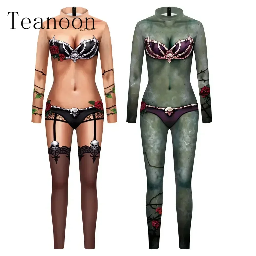 Halloween Cosplay Costumes for Women Bodysuit Horror Printed Party Dress Up Outfit Zentai Jumpsuits