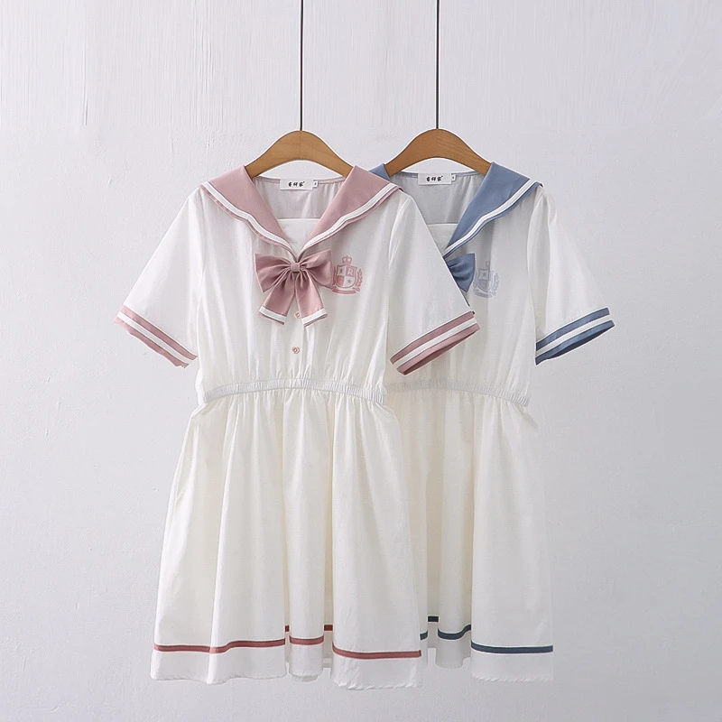 

2024 Summer Japanese Dress Bow Navy Skirt Slim And Age Reducing Sweet Short Sleeve Dress Blue Pink Women's Dress Academy Style
