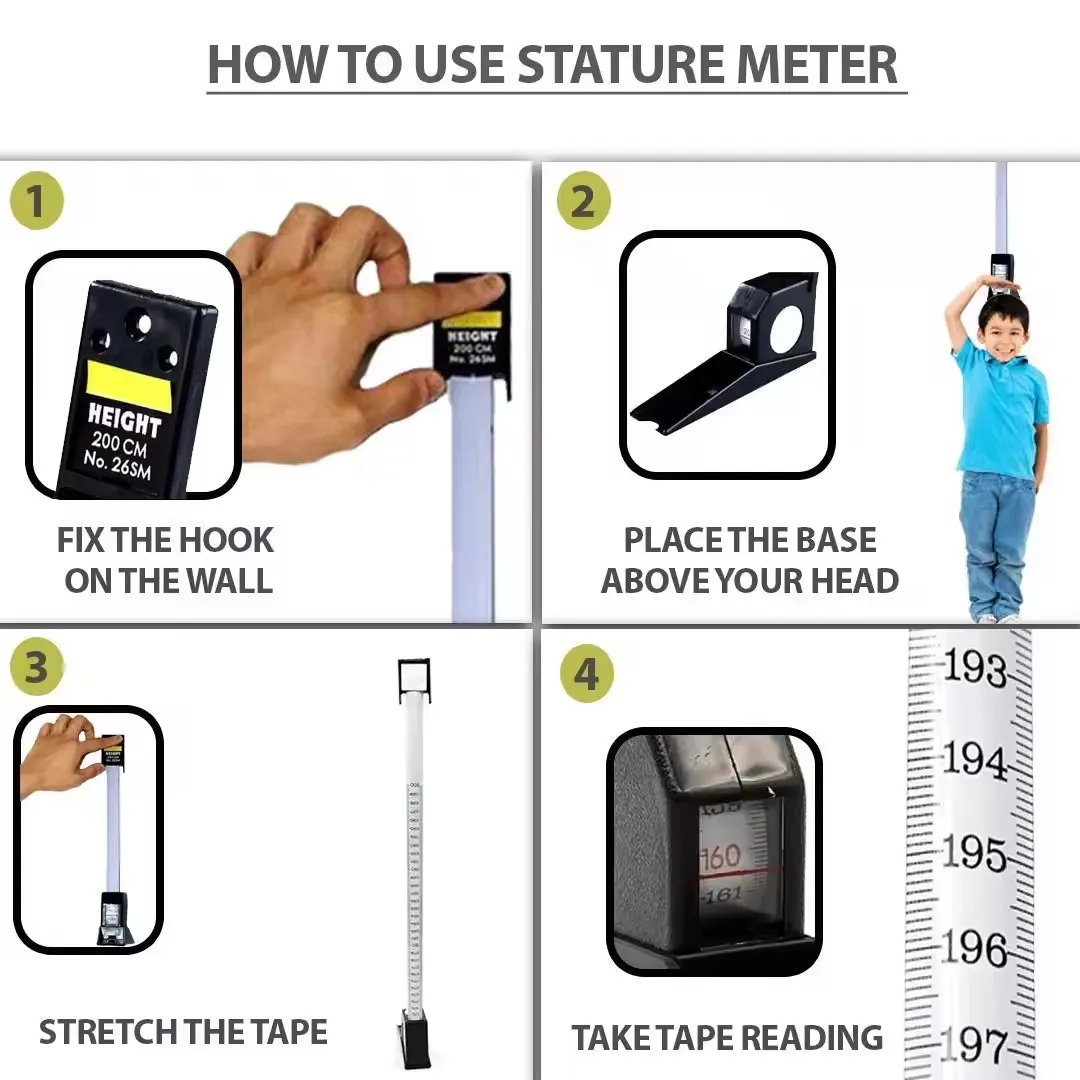 2M Home Children Adult Body Height Monitor Rod Wall Mounted Roll Ruler Growth Stature Meter Stadiometer Tall Measurement Tape