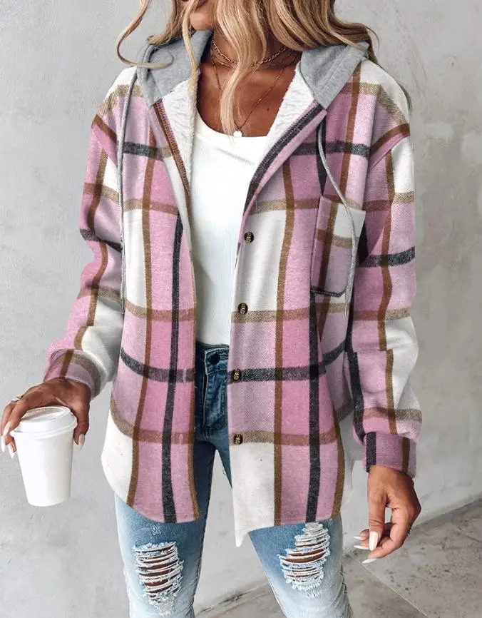 

Color Blocking Checkered Patchwork Hooded Jacket for Winter Women's Casual Simple and Warm Long Sleeved Jacket with Fleece Added