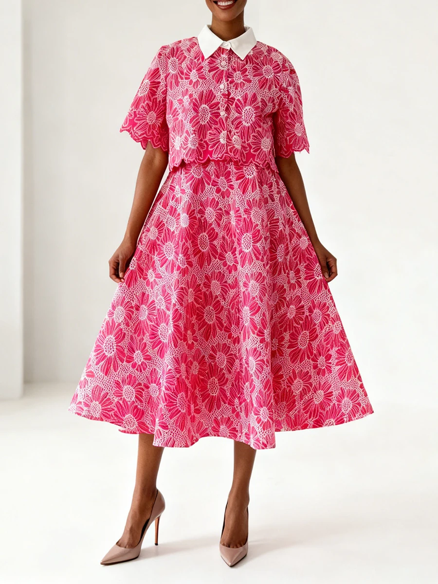 Vgh estilo francês casual impressão conjuntos de duas peças para mulheres lapela meia manga superior saia cintura alta elegante conjunto de emagrecimento feminino novo