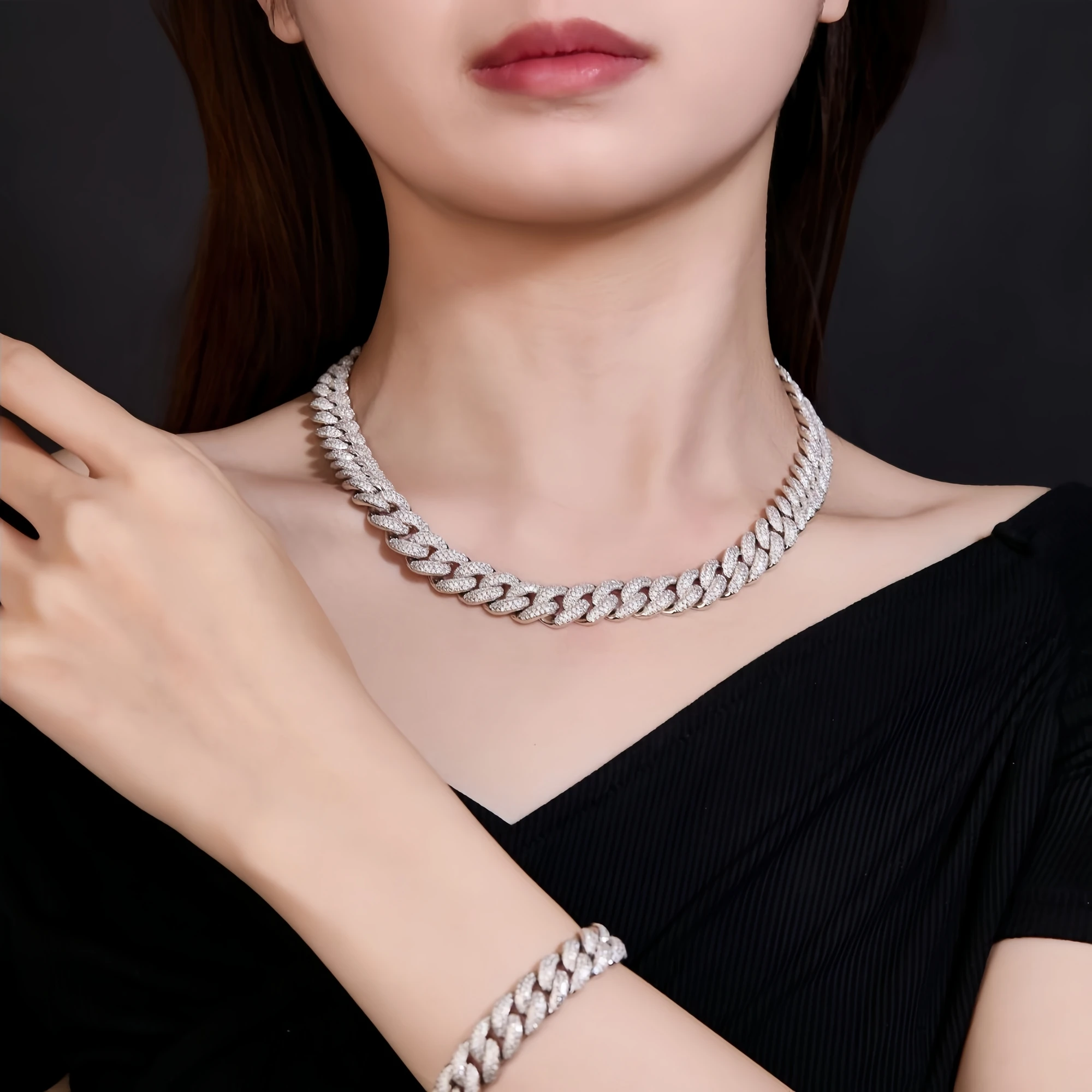 

Veeie Veein Элитный бренд S925 Стерлинговое серебро Полный комплект муассанитового ожерелья Кубинская цепочка Хип-хоп Уличная мода Ювелирные изделия