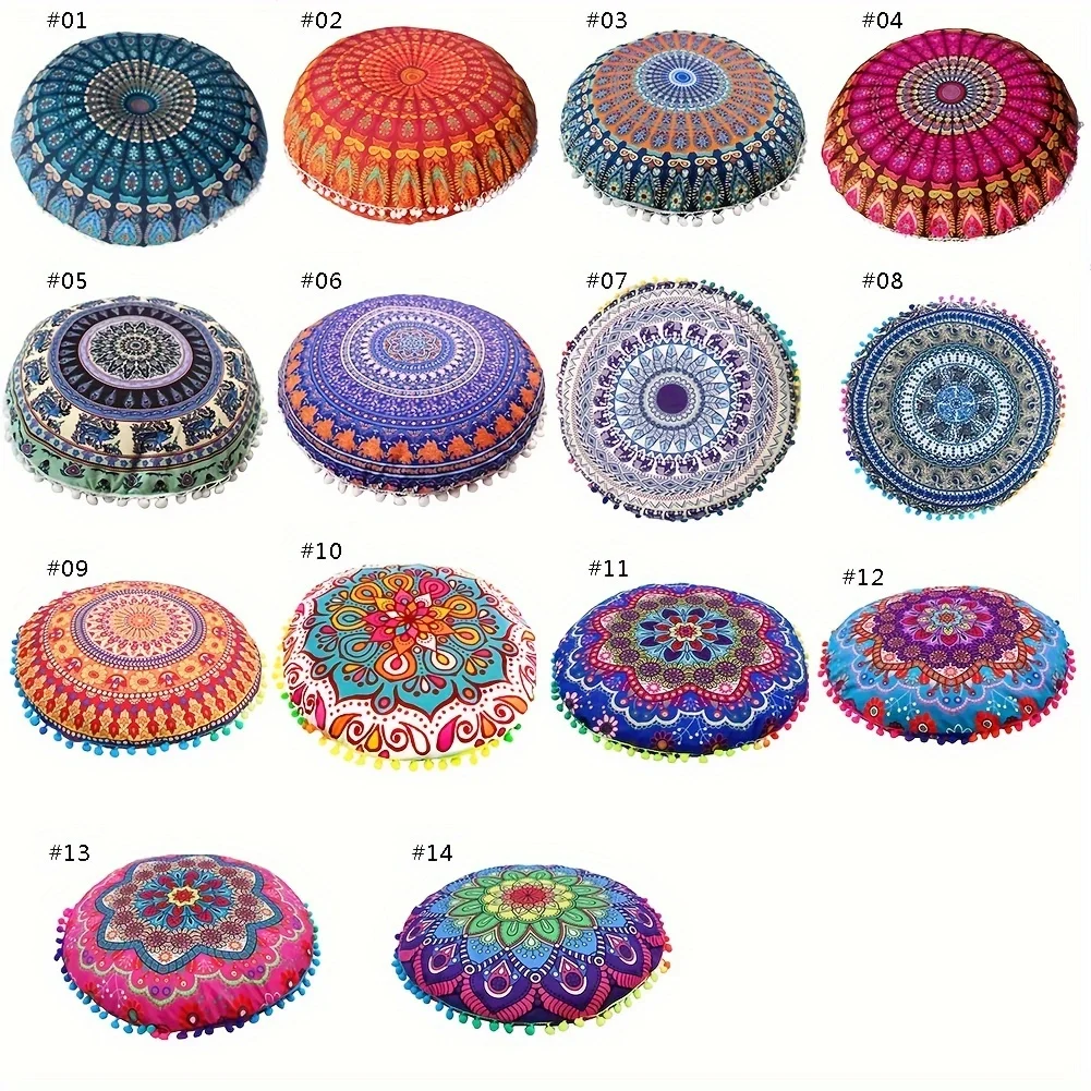 Handicrafts Floor Pillow Cushion Cover - Hippie Mandala Cushion Cover Large With Pom Poms Soft Particles - Cover Round Bohemian 