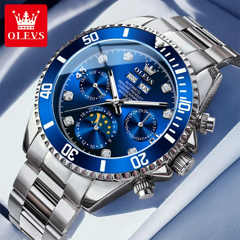 

OLEVS вечный календарь автоматические мужские часы с бриллиантами время месяц неделя фаза луны люксовый бренд механические часы для мужчин