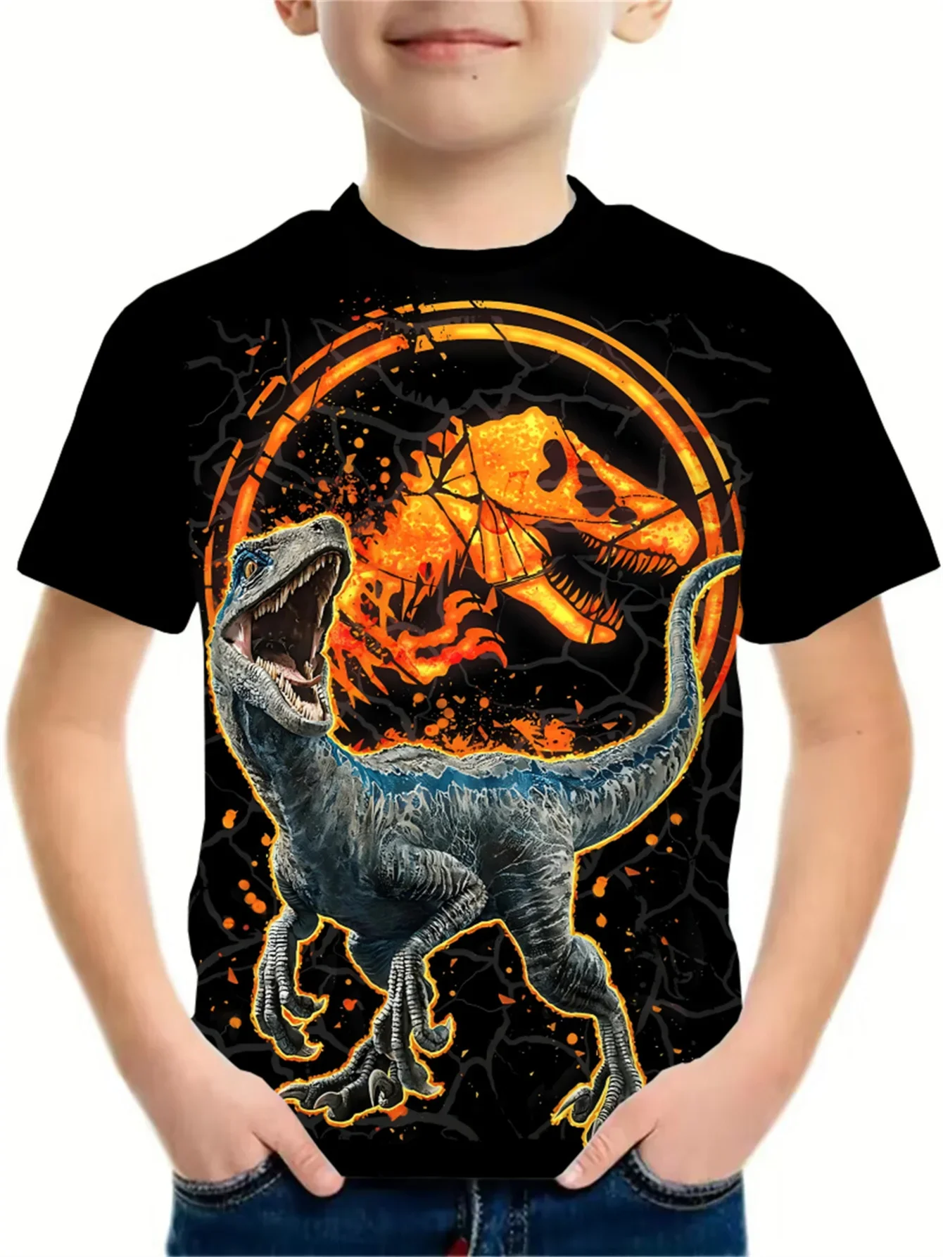 

2026 Fashion Kids' Dinosaur Fire Print T Shirt Crew Neck Short Sleeve Jurassic Casual Streetwear Top For Boys