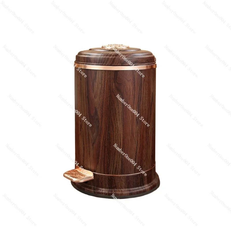 Applicable to Imitation mahogany pattern trash can home living room bedroom kitchen high-grade vintage foot bucket lid