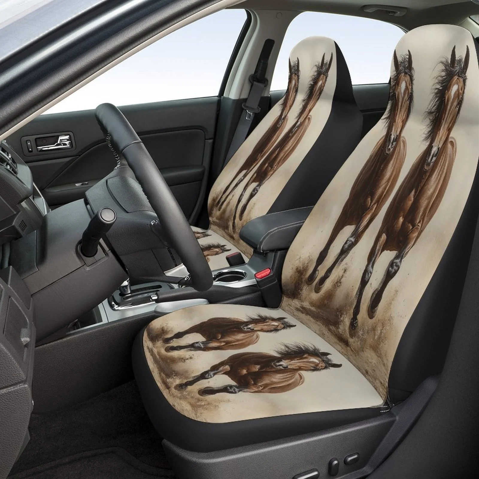 Set Of Car Seat Covers Featuring Galloping Horses, Stylish Novelty Protectors For Most Vehicles, Complete Set For Two Front Seat