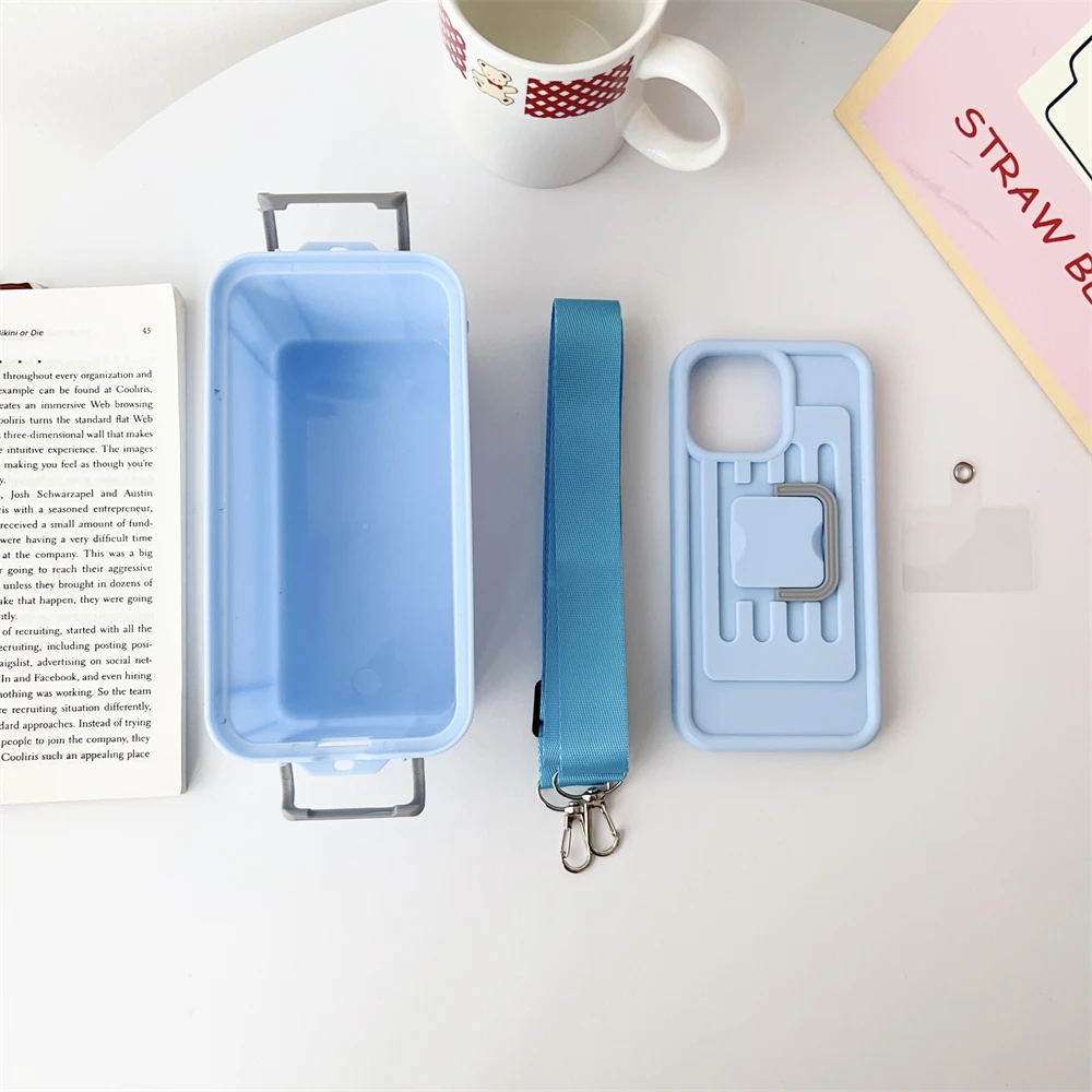 2 IN 1 Fashion Cute Candy Color Skin Feel With Lanyard Phone Case For iPhone 11 12 13 14 15 16 Pro Max Plus 3D Storage Box Cover