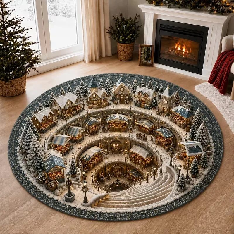 Christmas Snow Town 3D Optical Illusion Round Rug, Snowy Winter Village Spiral Staircase Print, Household Decor Carpet
