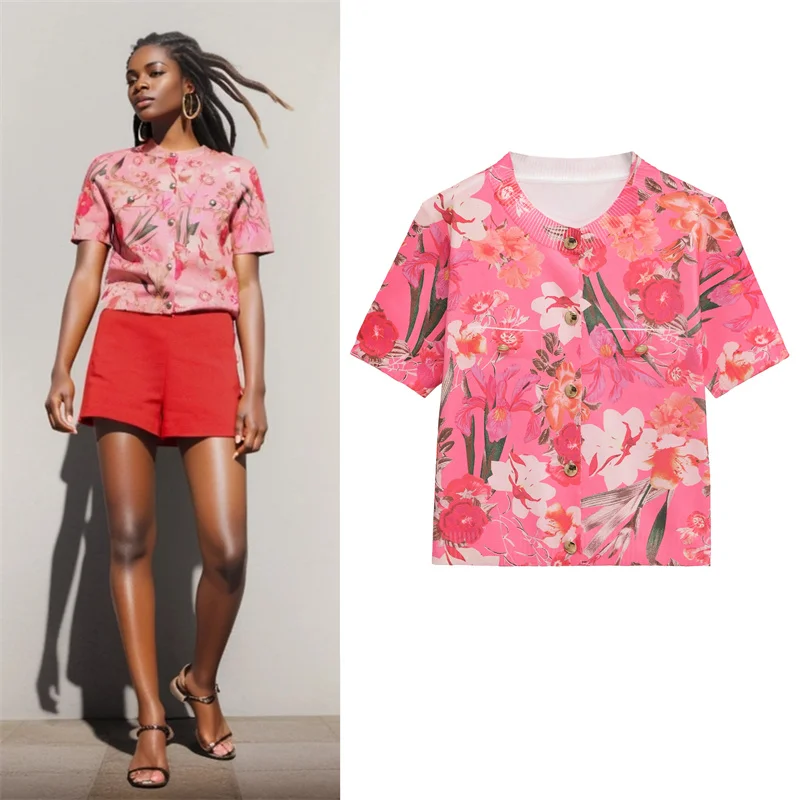 

2025 Women's Summer Top New Floral Printed Short Sleeve Knitted Top Casual Fashion Stylish Versatile