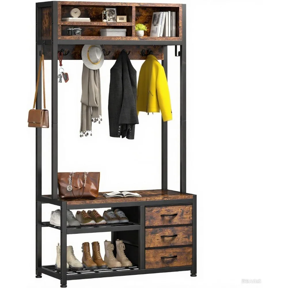 

Cabinet with Bench and Shoe Storage, Freestanding Coat Rack with 3 Fabric Drawers