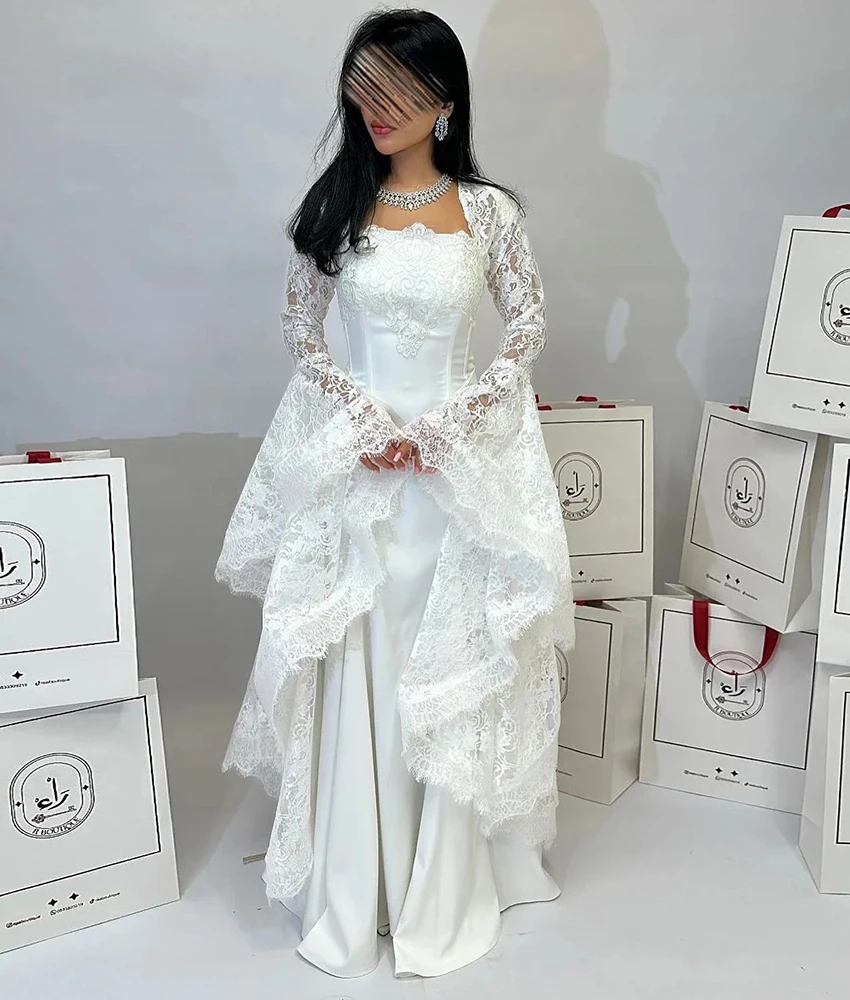 

Customized Graceful Jersey Mermaid Lace Evening Dress Classic Square Neck Long Sleeves Floor Length Prom Gowns Custom Size