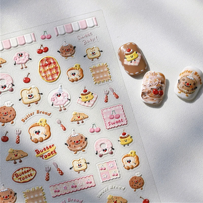 Lovely Butter Toast Bread Cookies Pudding Donuts 5D Reliefs Self Adhesive Nail Art Sticker Cute Cartoon Manicure Decal Wholesale