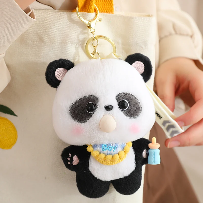 14cm Cute Panda Doll Plush Pendant Bib Bow Black And White Panda Bamboo Leaf Panda Plush Schoolbag Crossbody Bag Purse Pendant