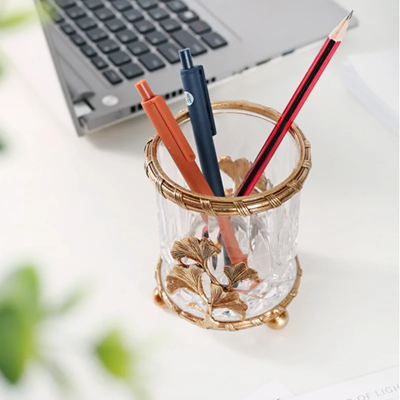 Brass Glass Storage Bucket Pen Holder Cup Cosmetic Brush Bottle Home Desktop Organizer Decorative Jar