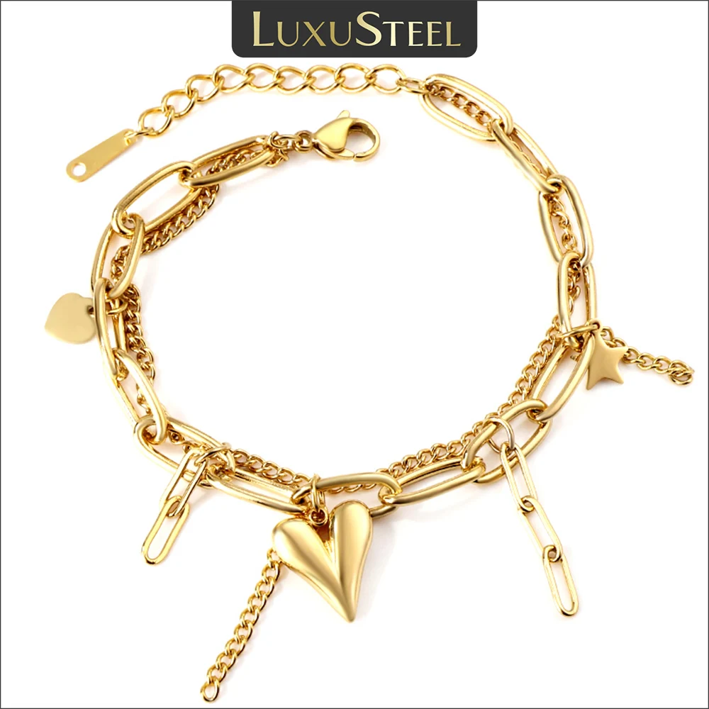 LUXUSTEEL Fashion Star Heart Charm Layered Bracelets For Women Girls Stainless Steel Paperclip Cuban Link Chain On Hand Jewelry