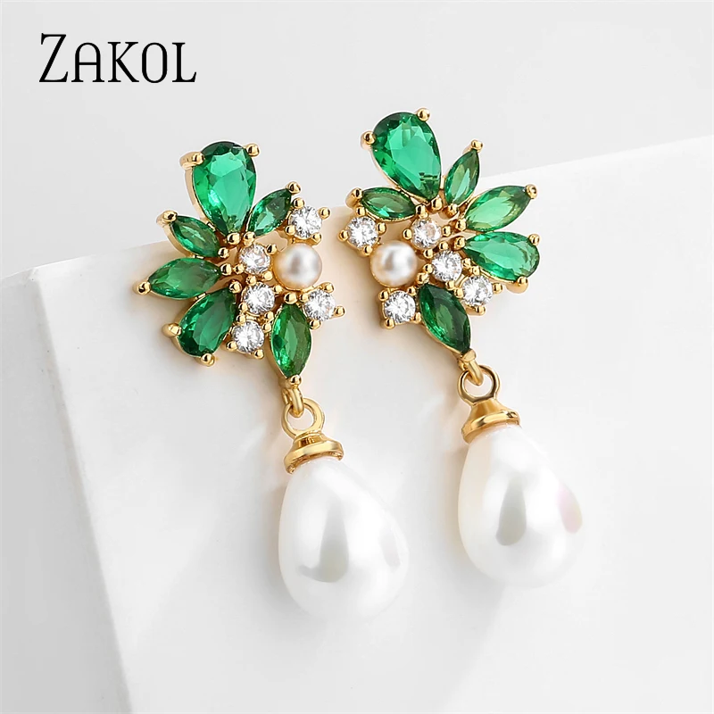 ZAKOL Fashion Green Cubic Zirconia Leaf Earrings for Women Elegant Imitation Pearl Girls Ear Party Wedding Jewelry Accessories