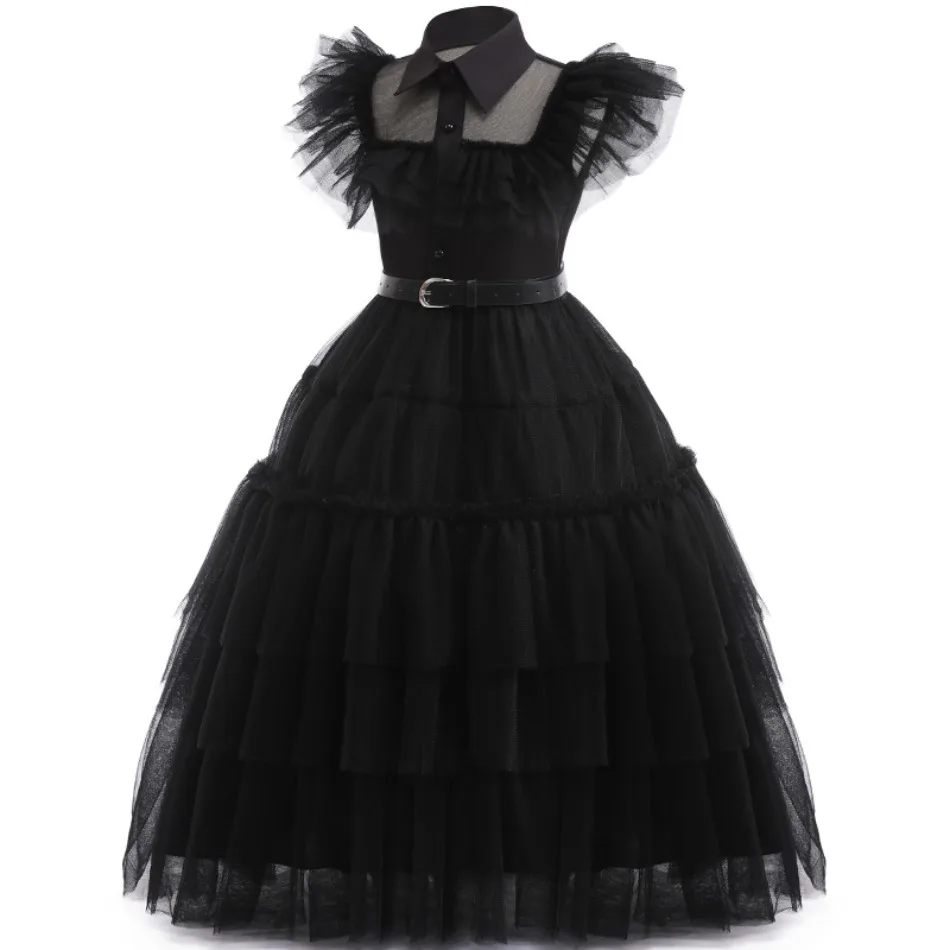 New 3-12 Years Children Cosplay Wednesday Addams Long Dresses Halloween Flying Sleeve Layered Tulle Dress Girl Costume with Belt