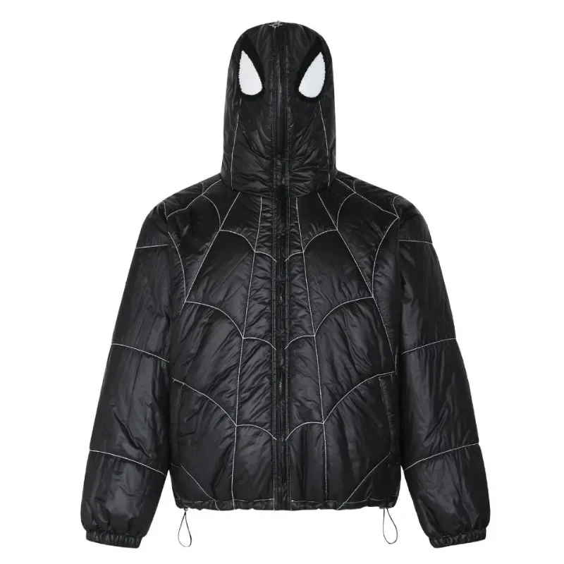 Winter High Street Hooded Parkas Men Spider Embroidery Padded Jackets Vintage Gothic Full Zip Up Oversize Bubble Coats Couple