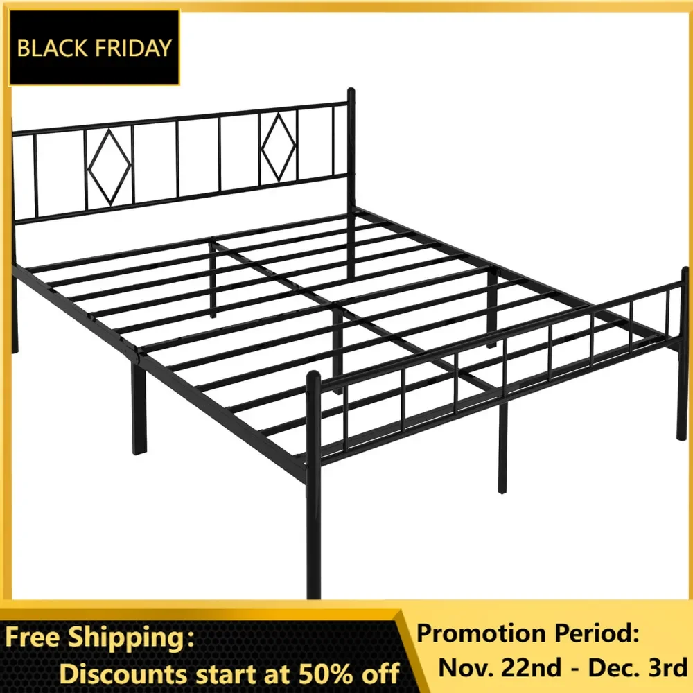 

Bed Frame, Metal Platform Bed Frame Foundation with Iron-Art Headboard Under Bed Storage No Box Spring Needed, Heavy Duty Metal